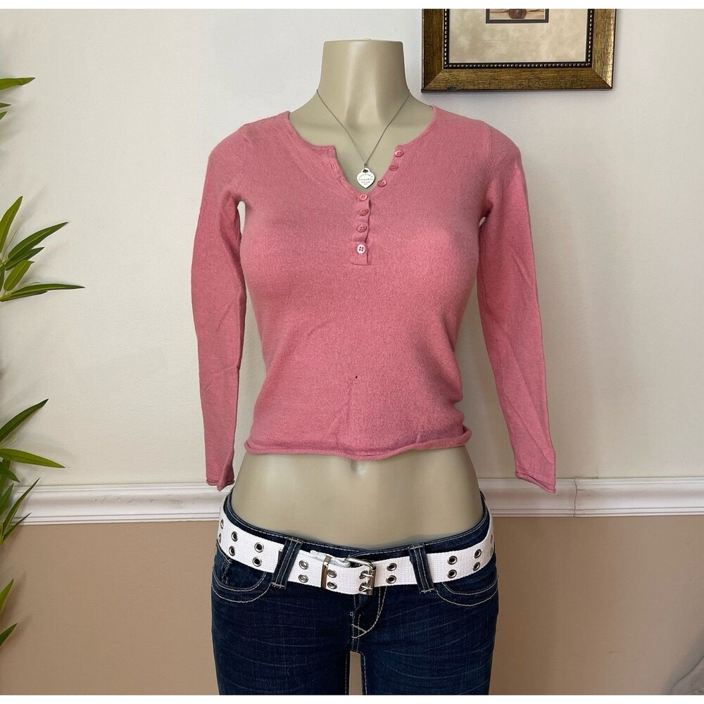 Caroll Women’s Basic Buttoned Cropped Henley Knit Long Sleeve Top